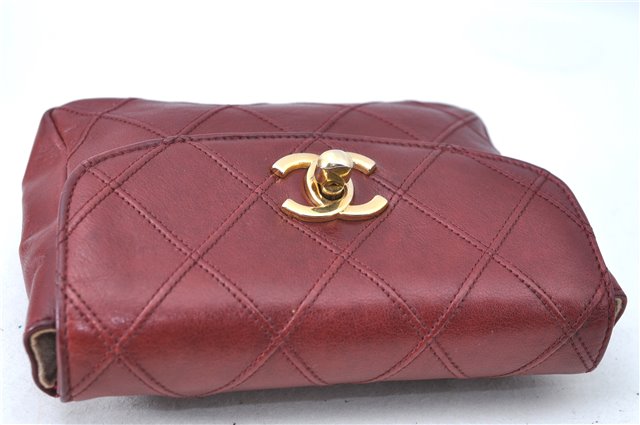 Authentic CHANEL Lamb Skin Bicolore CC Logo Chain Waist Body Bag Red H1889