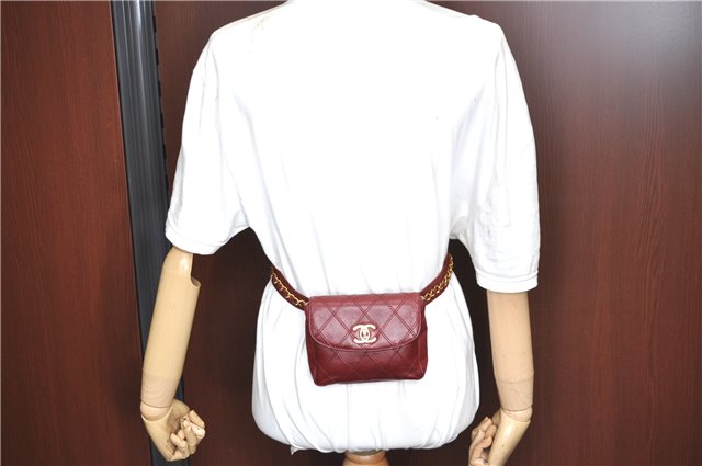 Authentic CHANEL Lamb Skin Bicolore CC Logo Chain Waist Body Bag Red H1889