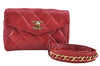 Authentic CHANEL Lamb Skin Matelasse CC Logo Chain Waist Body Bag Red H1890