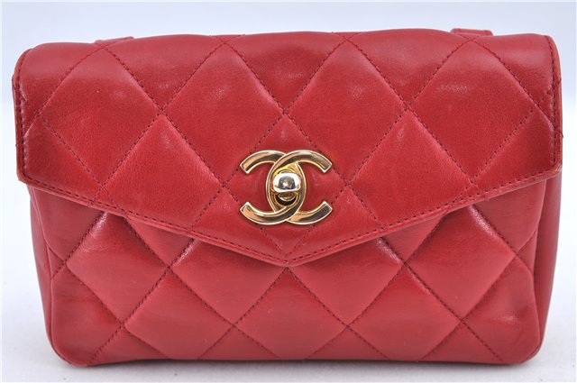 Authentic CHANEL Lamb Skin Matelasse CC Logo Chain Waist Body Bag Red H1890