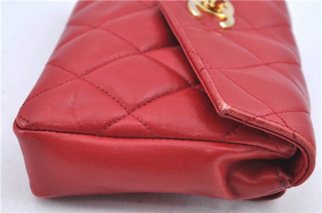 Authentic CHANEL Lamb Skin Matelasse CC Logo Chain Waist Body Bag Red H1890