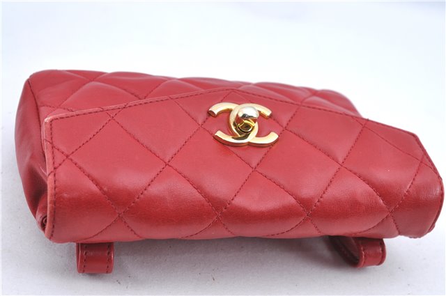 Authentic CHANEL Lamb Skin Matelasse CC Logo Chain Waist Body Bag Red H1890