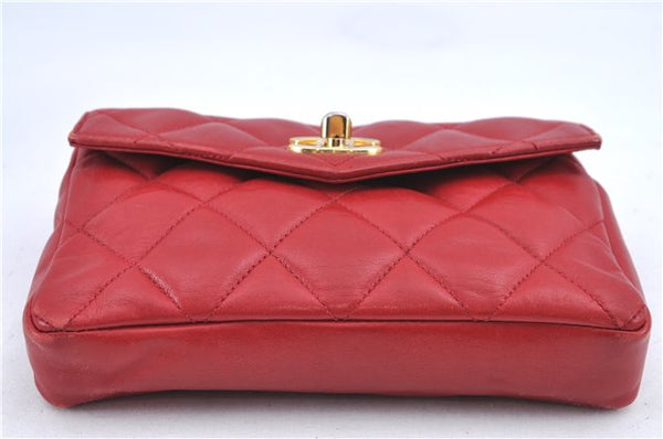 Authentic CHANEL Lamb Skin Matelasse CC Logo Chain Waist Body Bag Red H1890