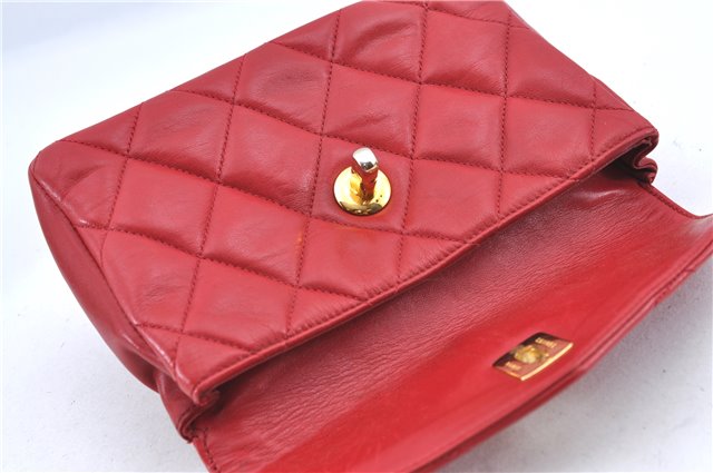 Authentic CHANEL Lamb Skin Matelasse CC Logo Chain Waist Body Bag Red H1890