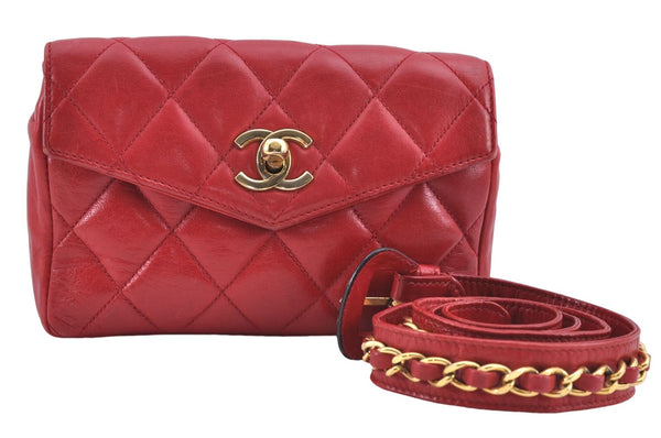 Authentic CHANEL Lamb Skin Matelasse CC Logo Chain Waist Body Bag Red H1893