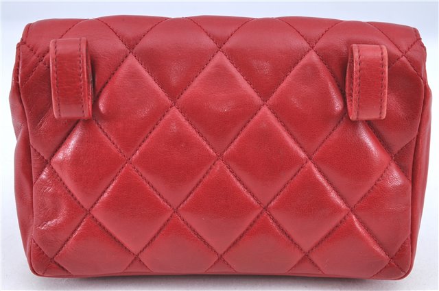 Authentic CHANEL Lamb Skin Matelasse CC Logo Chain Waist Body Bag Red H1893