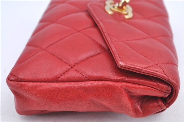 Authentic CHANEL Lamb Skin Matelasse CC Logo Chain Waist Body Bag Red H1893