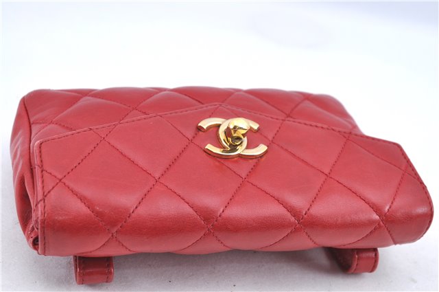 Authentic CHANEL Lamb Skin Matelasse CC Logo Chain Waist Body Bag Red H1893