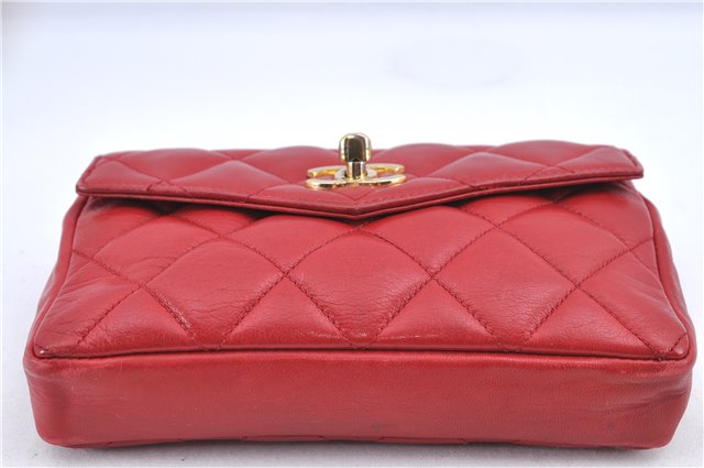 Authentic CHANEL Lamb Skin Matelasse CC Logo Chain Waist Body Bag Red H1893