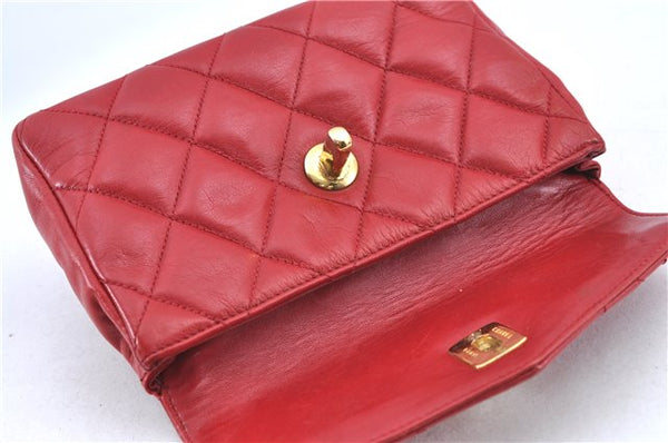 Authentic CHANEL Lamb Skin Matelasse CC Logo Chain Waist Body Bag Red H1893