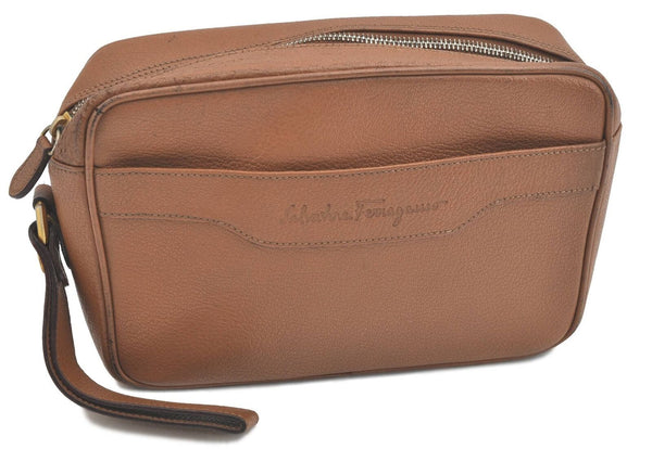 Authentic Salvatore Ferragamo Leather Clutch Bag Brown SF H1903