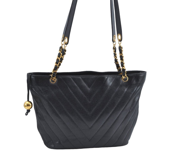 Authentic CHANEL Caviar Skin V Stitch Chain Shoulder Tote Bag Black CC H1915