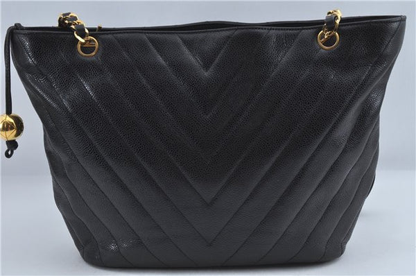 Authentic CHANEL Caviar Skin V Stitch Chain Shoulder Tote Bag Black CC H1915
