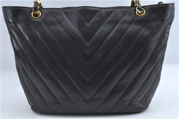 Authentic CHANEL Caviar Skin V Stitch Chain Shoulder Tote Bag Black CC H1915