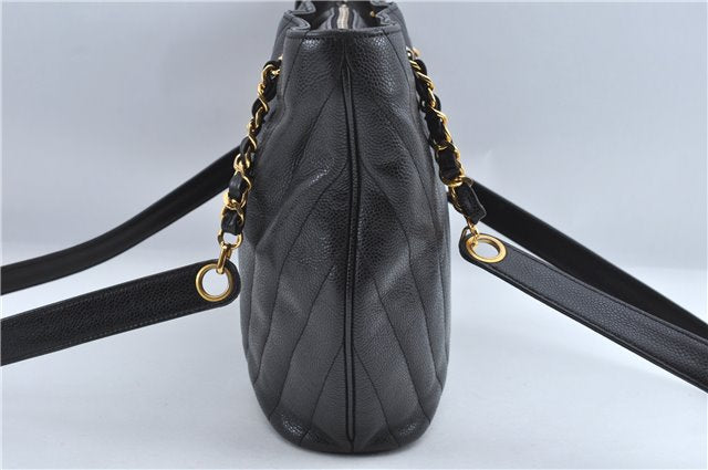 Authentic CHANEL Caviar Skin V Stitch Chain Shoulder Tote Bag Black CC H1915