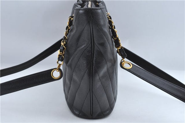 Authentic CHANEL Caviar Skin V Stitch Chain Shoulder Tote Bag Black CC H1915
