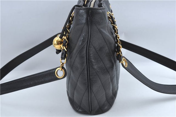 Authentic CHANEL Caviar Skin V Stitch Chain Shoulder Tote Bag Black CC H1915