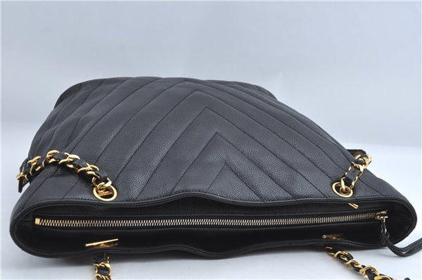 Authentic CHANEL Caviar Skin V Stitch Chain Shoulder Tote Bag Black CC H1915