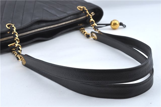 Authentic CHANEL Caviar Skin V Stitch Chain Shoulder Tote Bag Black CC H1915