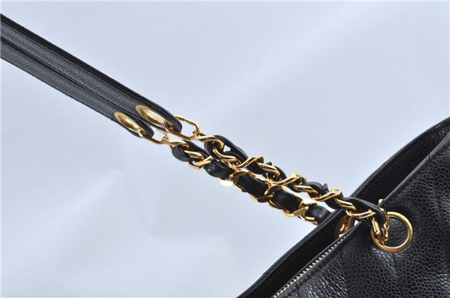 Authentic CHANEL Caviar Skin V Stitch Chain Shoulder Tote Bag Black CC H1915
