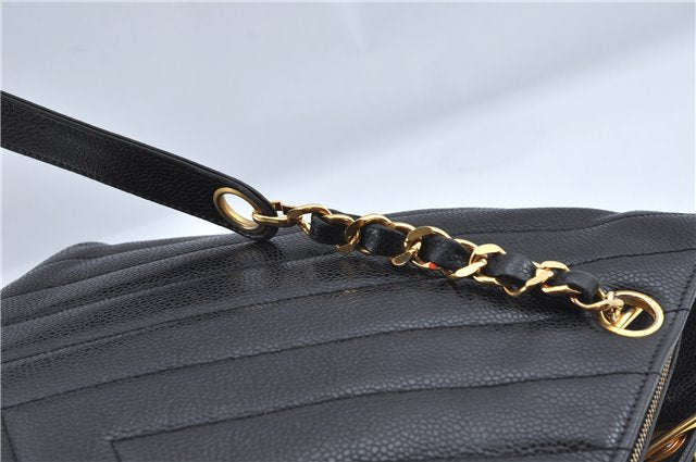Authentic CHANEL Caviar Skin V Stitch Chain Shoulder Tote Bag Black CC H1915