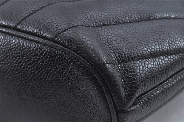 Authentic CHANEL Caviar Skin V Stitch Chain Shoulder Tote Bag Black CC H1915