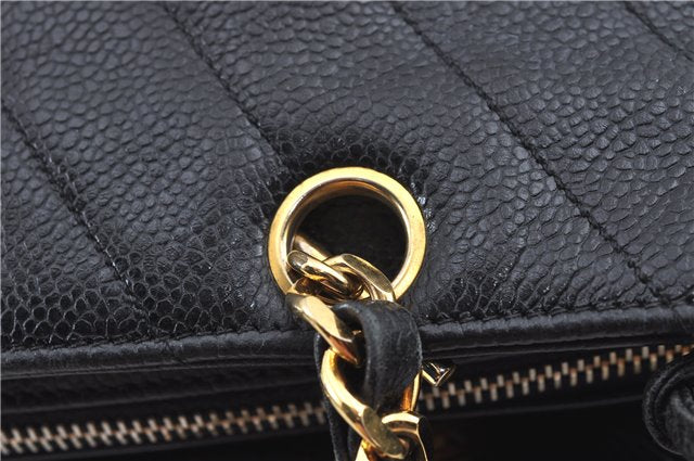 Authentic CHANEL Caviar Skin V Stitch Chain Shoulder Tote Bag Black CC H1915