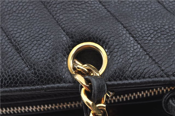 Authentic CHANEL Caviar Skin V Stitch Chain Shoulder Tote Bag Black CC H1915