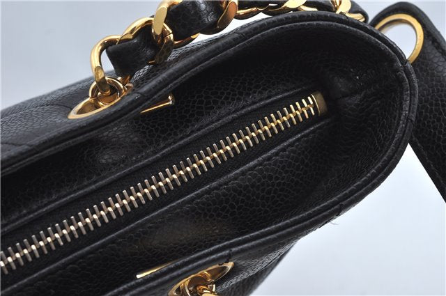 Authentic CHANEL Caviar Skin V Stitch Chain Shoulder Tote Bag Black CC H1915