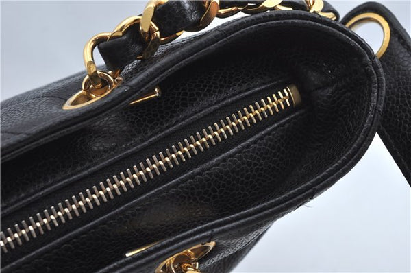 Authentic CHANEL Caviar Skin V Stitch Chain Shoulder Tote Bag Black CC H1915
