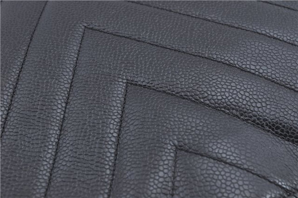 Authentic CHANEL Caviar Skin V Stitch Chain Shoulder Tote Bag Black CC H1915