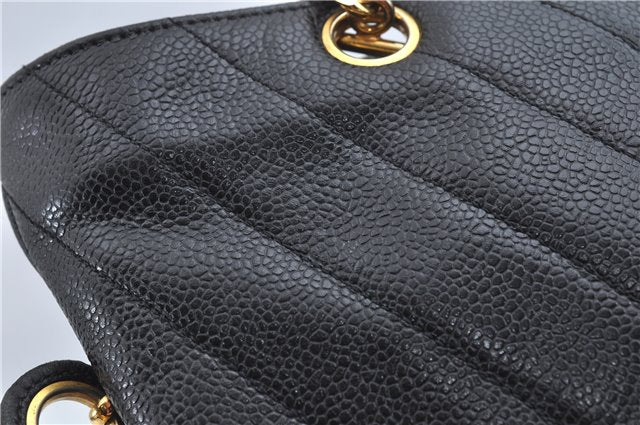 Authentic CHANEL Caviar Skin V Stitch Chain Shoulder Tote Bag Black CC H1915