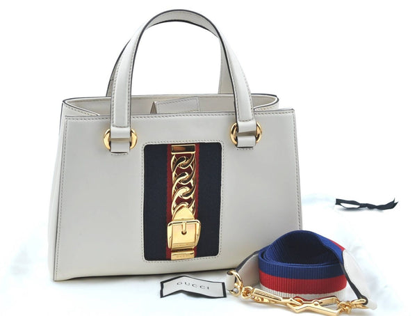 Auth GUCCI Sherry Line Sylvie 2Way Hand Bag Purse Leather 460381 White H1917
