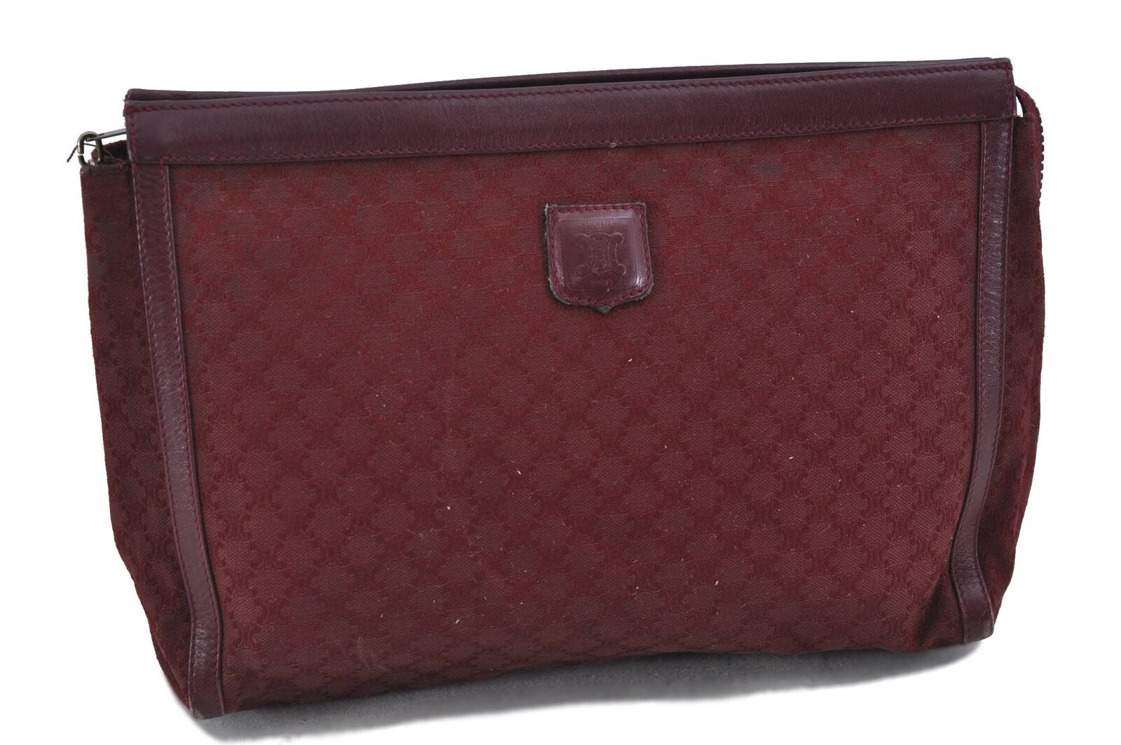 Authentic CELINE Macadam Pattern Clutch Bag Canvas Leather Red H1958