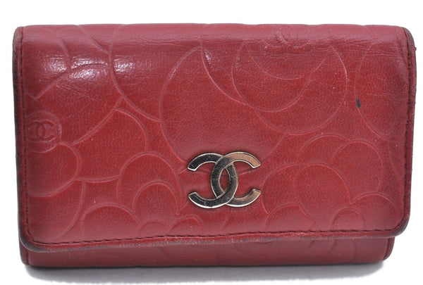 Authentic CHANEL Lamb Skin Camellia CC Logo 6 Key Case Holder Red H2002
