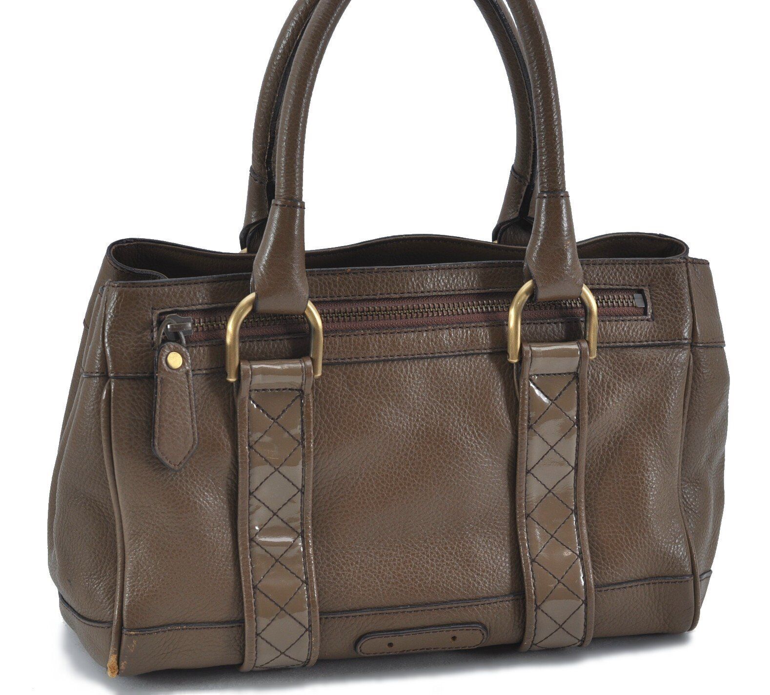Authentic BURBERRY Vintage Leather Enamel Hand Bag Purse Brown H2015