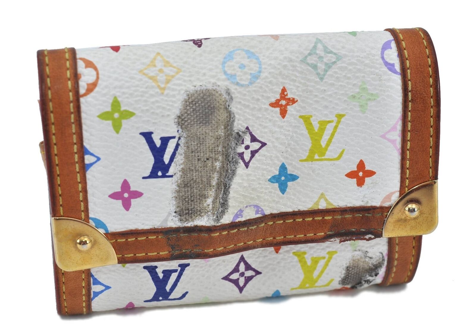 LOUIS VUITTON Monogram Multicolor Porte Monnaie Plat Coin Purse White LV H2016