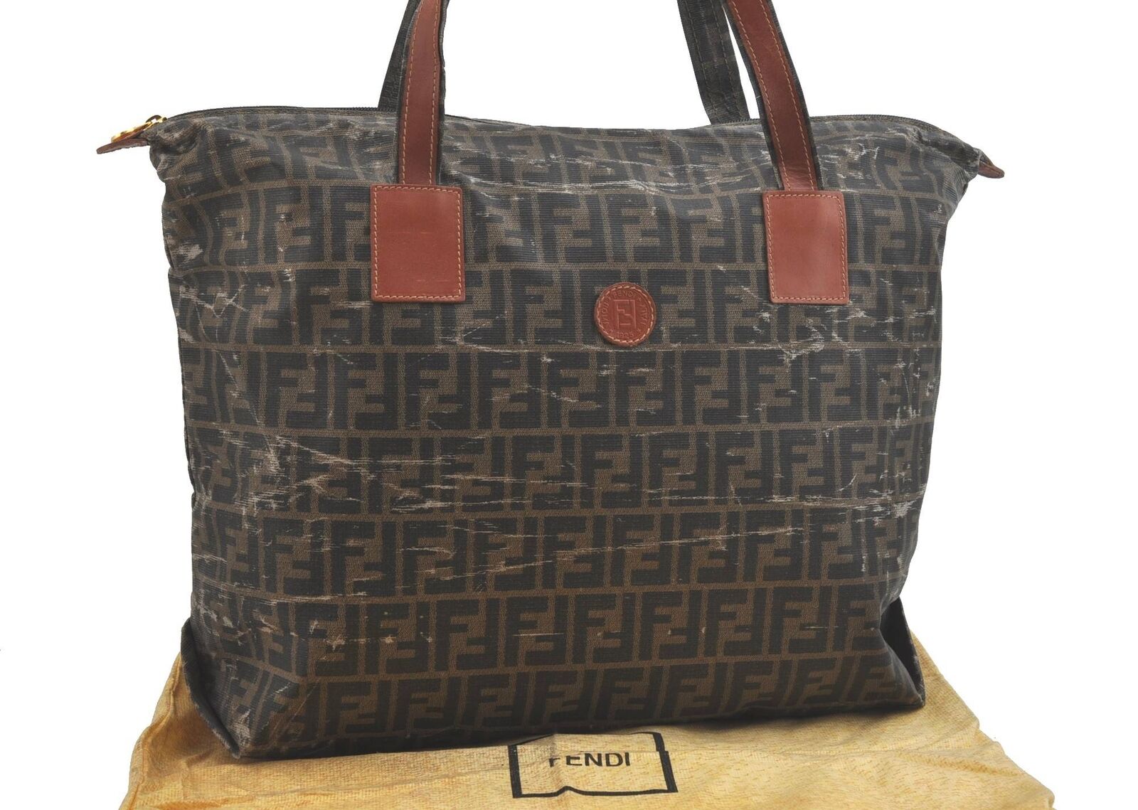 Authentic FENDI Zucca Shoulder Tote Bag PVC Leather Brown Black Junk H2022