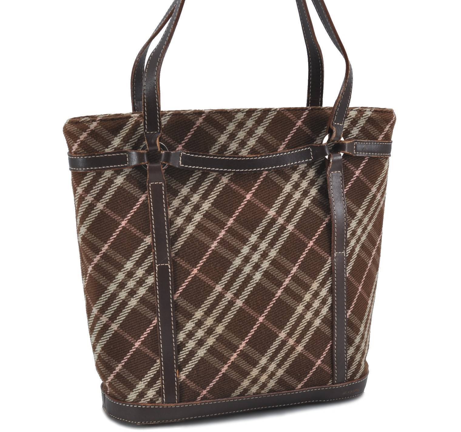 Authentic BURBERRY BLUE LABEL Check Tote Bag Cotton Leather Brown Pink H2040