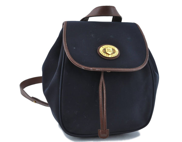 Authentic Burberrys LONDON PVC Leather Backpack Navy Blue Brown H2072