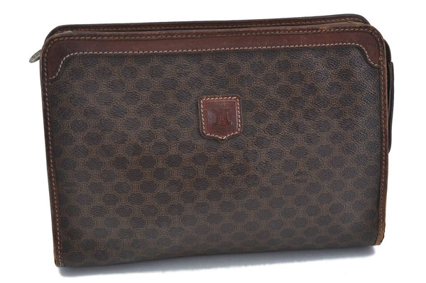 Authentic CELINE Macadam Pattern Clutch Bag PVC Leather Brown H2099