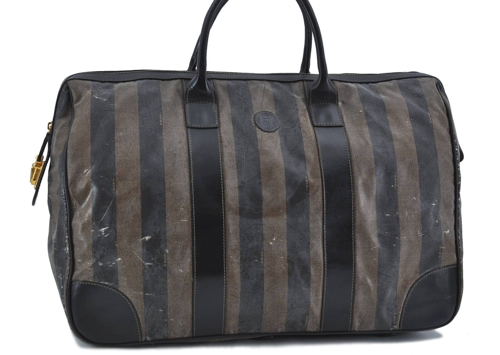 Authentic FENDI Pequin Travel Bag PVC Leather Brown H2119