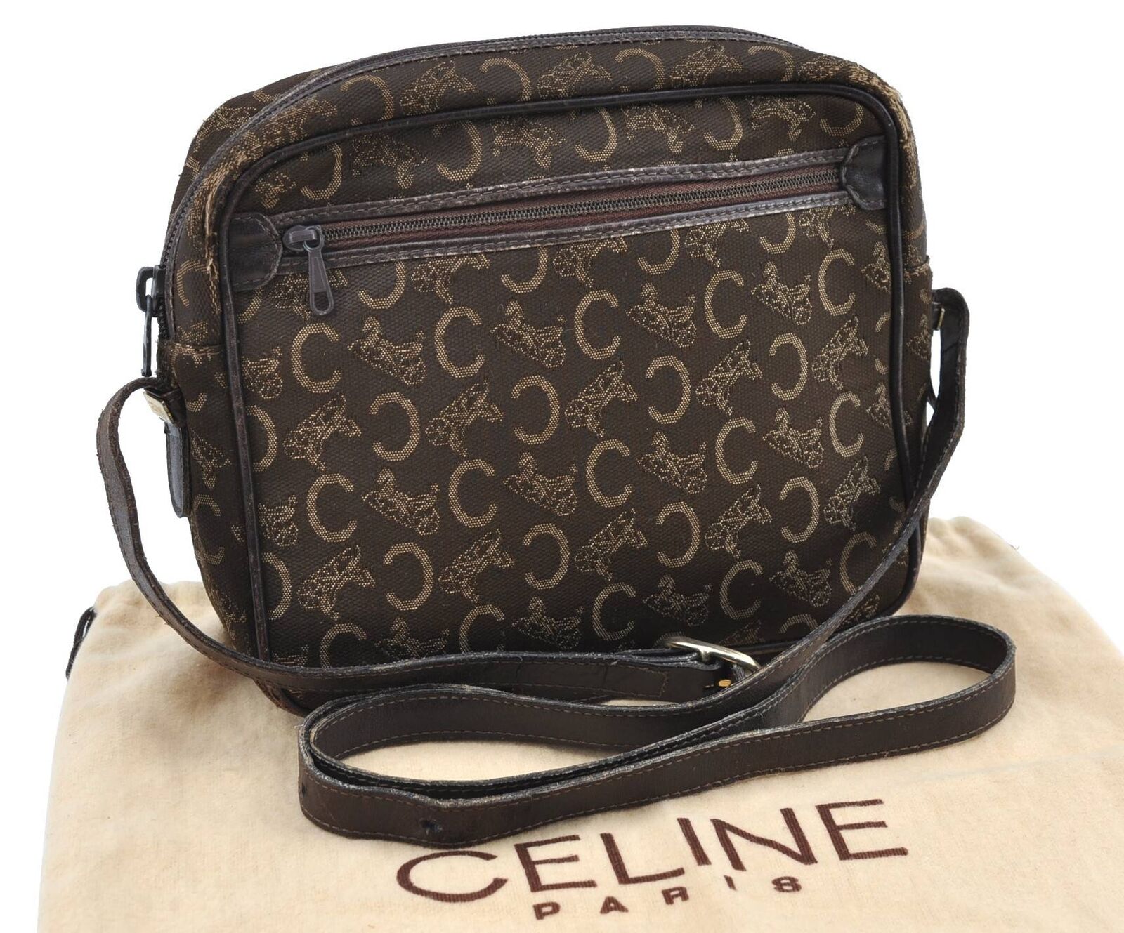 Authentic CELINE C Blason Pattern Shoulder Cross Bag Canvas Leather Brown H2121