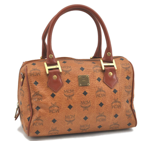 Authentic MCM Visetos Leather Vintage Boston Hand Bag Purse Brown H2164