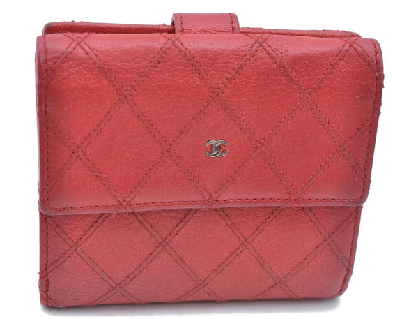 Authentic CHANEL Bicolore Caviar Skin CC Logo Wallet Purse Red H2188