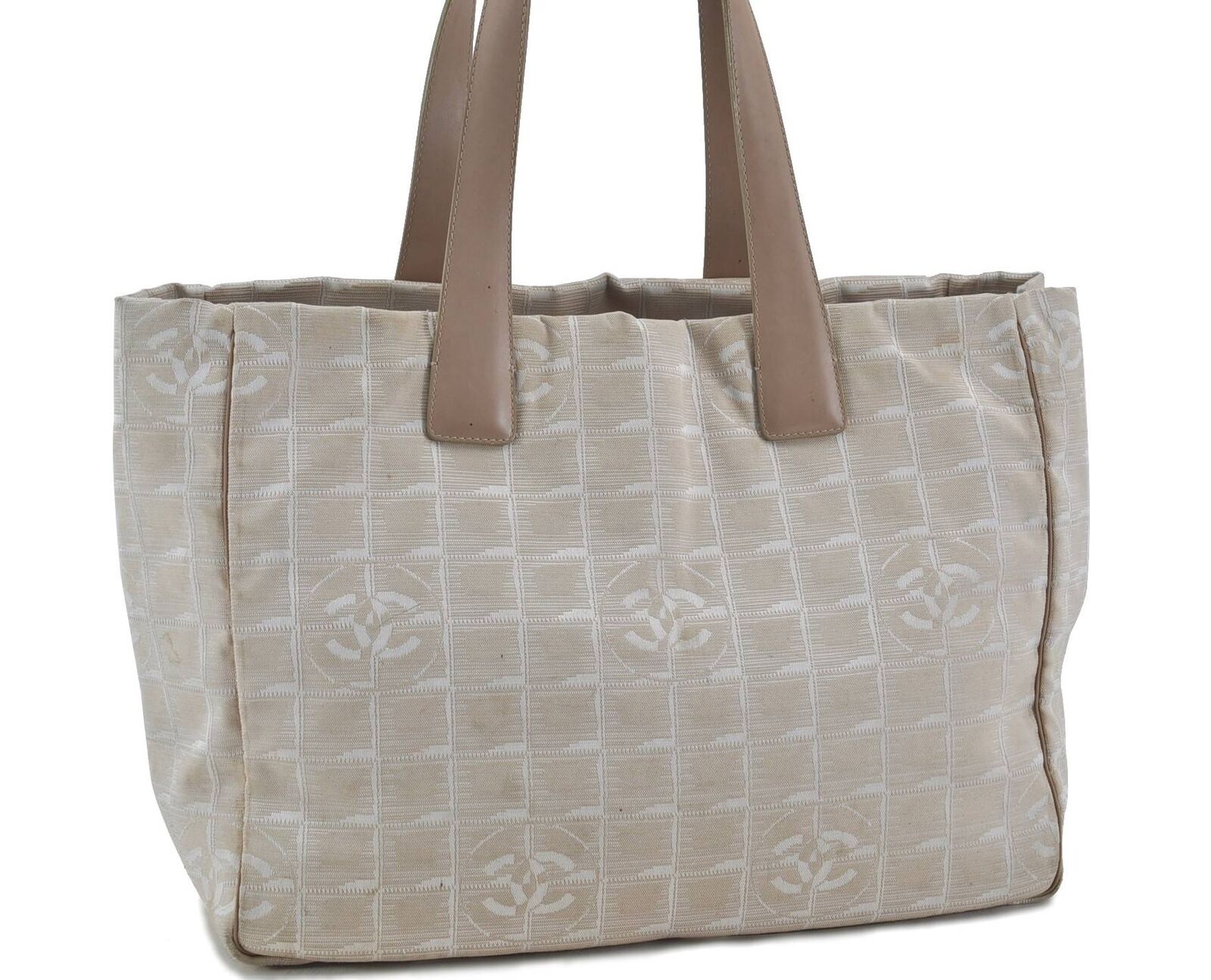 Authentic CHANEL New Travel Line Shoulder Tote Bag Nylon Leather Beige H2226