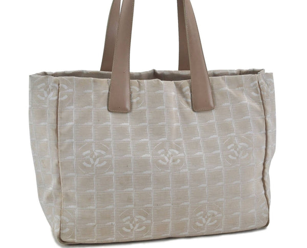 Authentic CHANEL New Travel Line Shoulder Tote Bag Nylon Leather Beige H2226