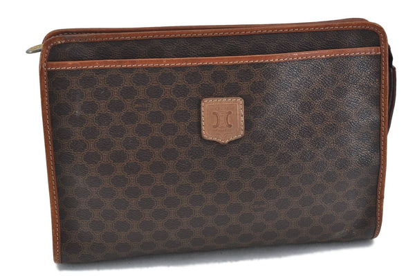 Authentic CELINE Macadam Pattern Clutch Bag PVC Leather Brown H2493