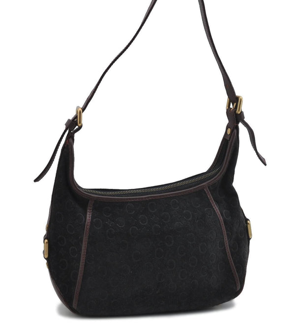 Auth CELINE C Macadam Pattern Shoulder Hand Bag Purse Suede Leather Black H2633