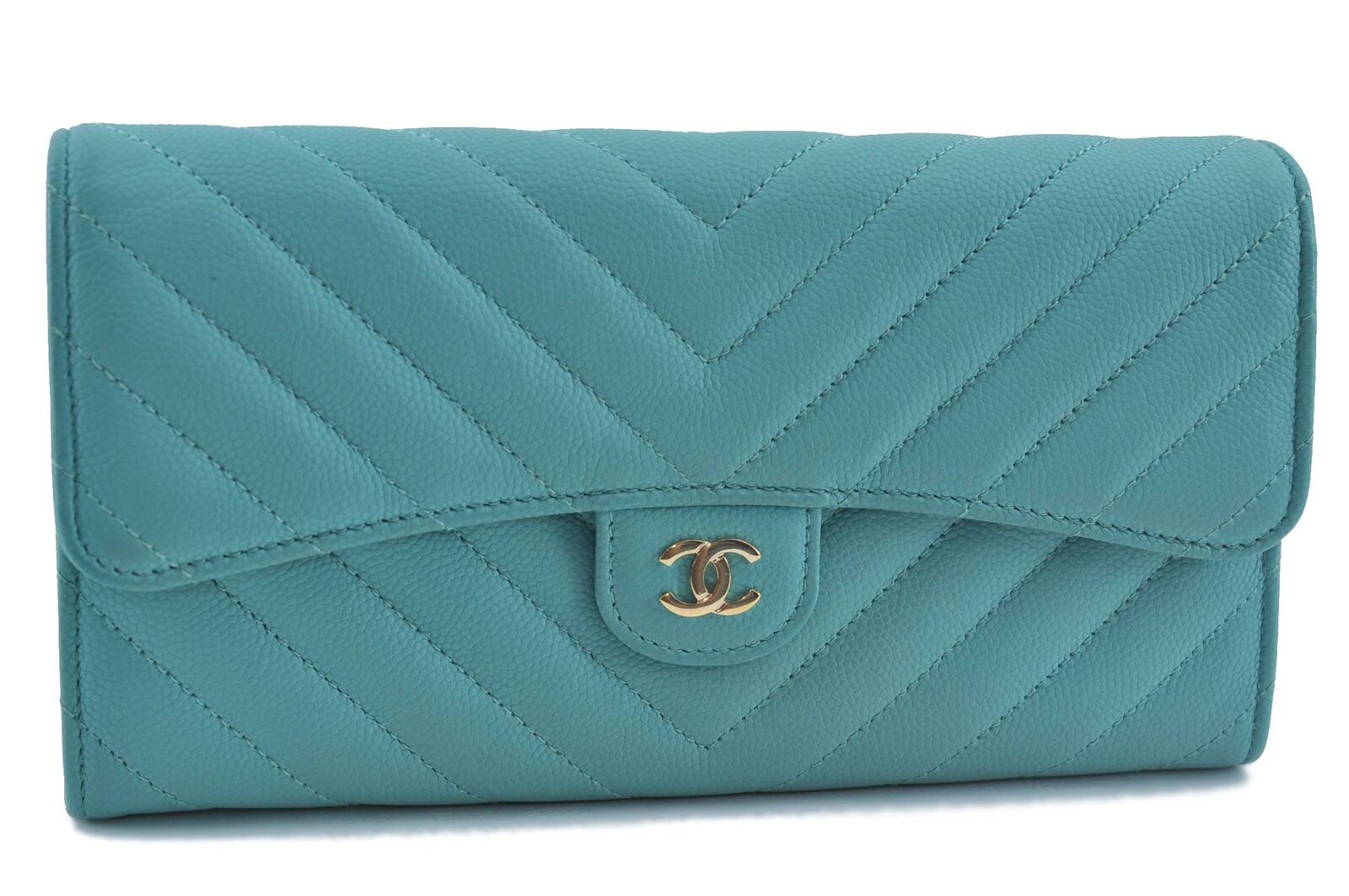 Authentic CHANEL Caviar Skin Vstitch CC Logo Long Wallet Purse Light Blue H2640